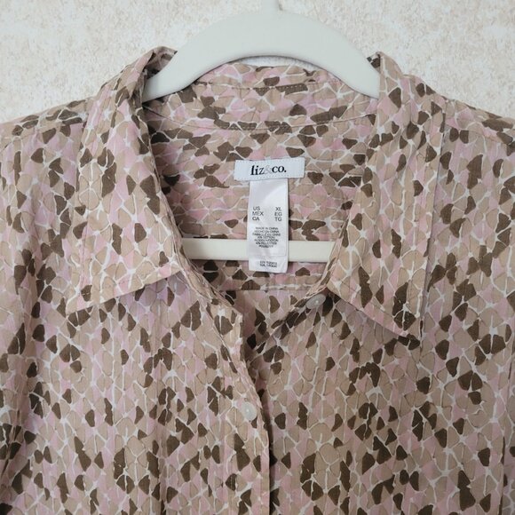 liz & co. Tops - Liz & Co. Pink Tan Brown Womens Long Sleeve Button Blouse XL